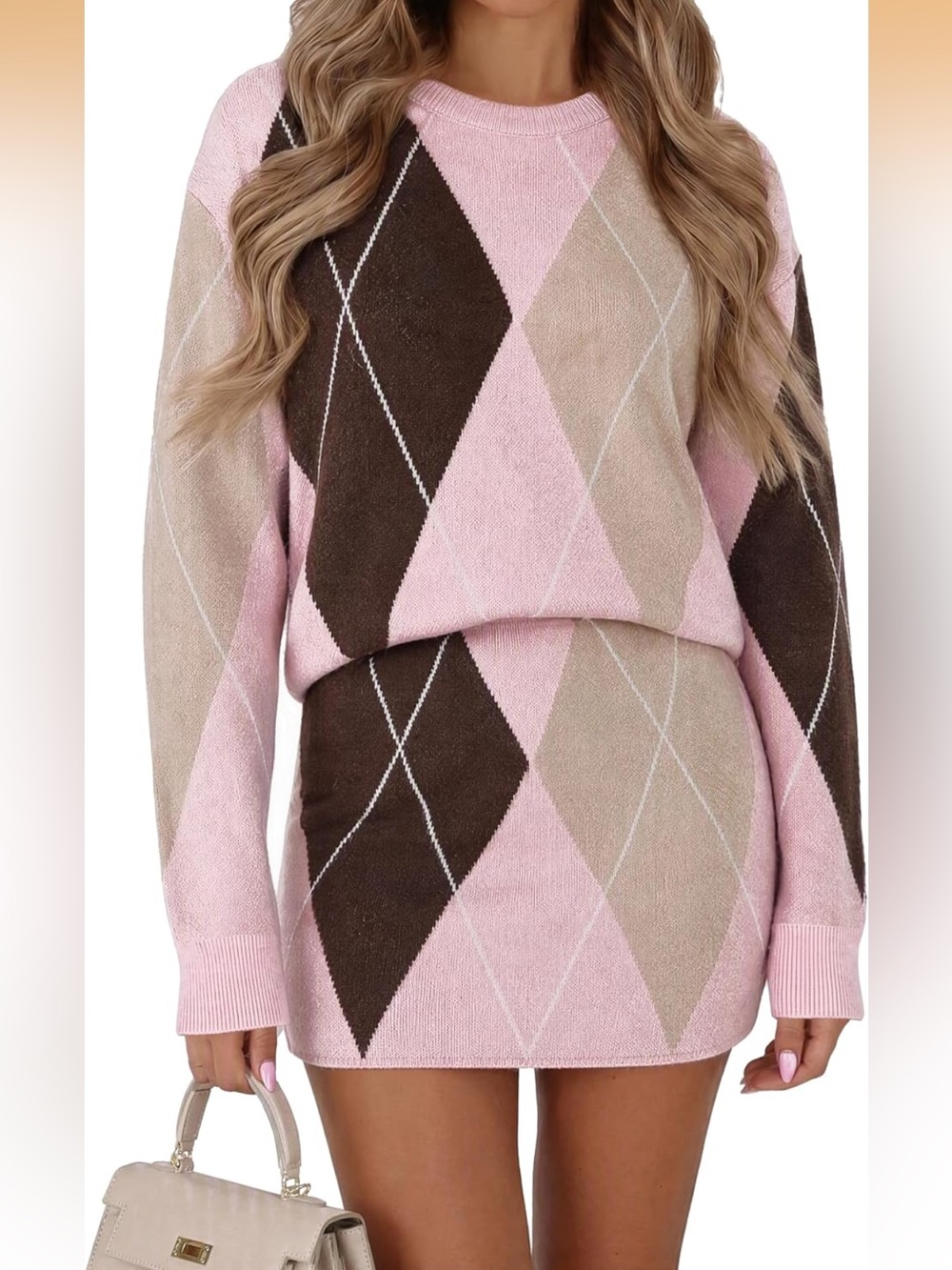 Pink Argyle Knit Sweater & Skirt Set